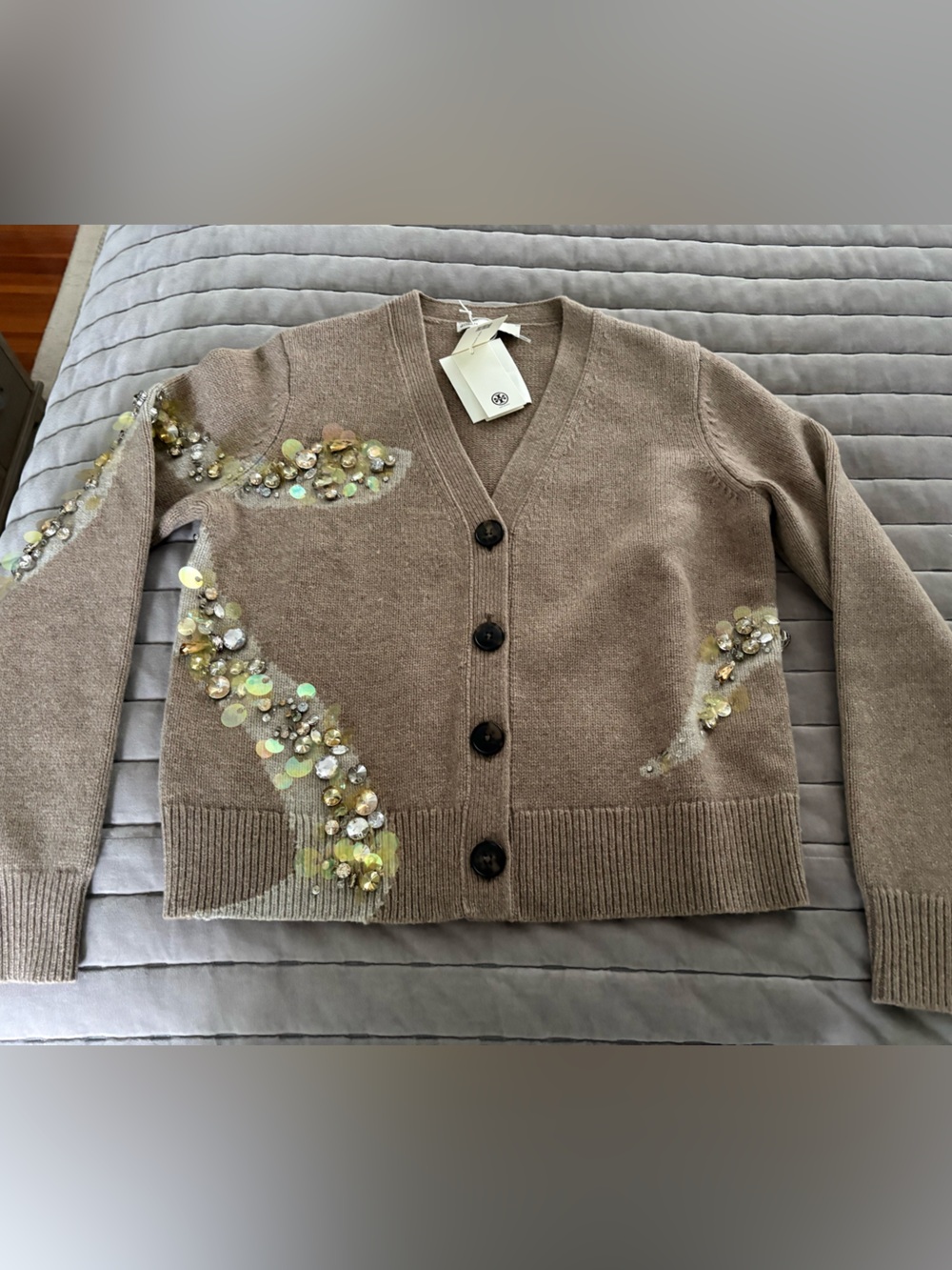 Tory Burch Taupe Embellished V-Neck Cardigan